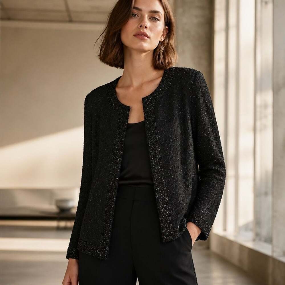 Stenay Vintage Black 100% Silk Beaded & Sequined Open Front Jacket Size L